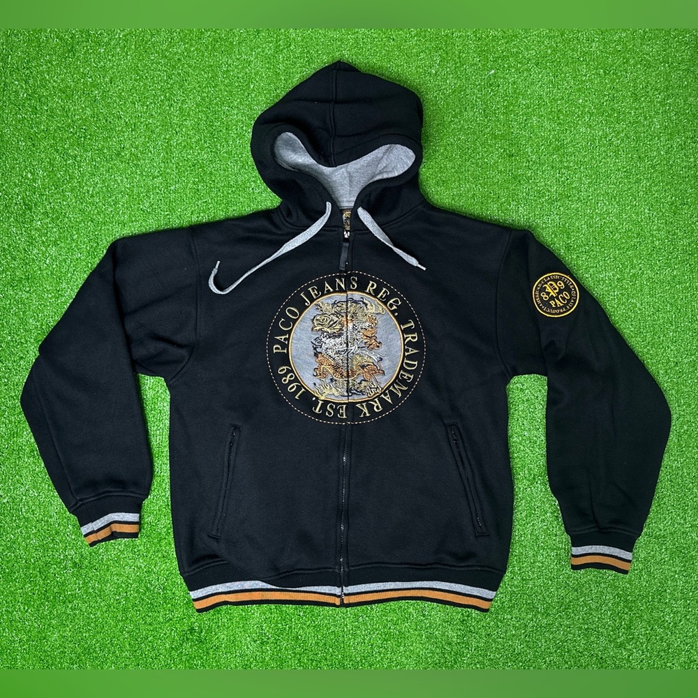 Paco Jeans Vintage Zip Up Hoodie Black Men’s Size Medium Gold Logo